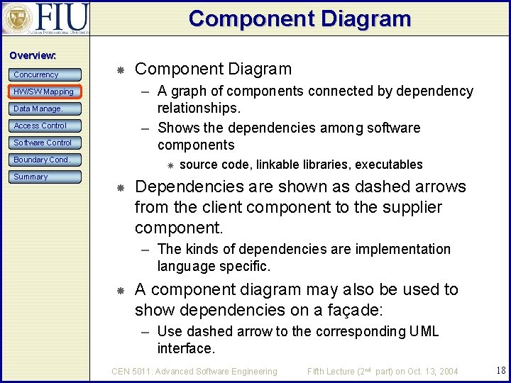 Component Diagram Overview: Concurrency Component Diagram – A graph of components connected by dependency