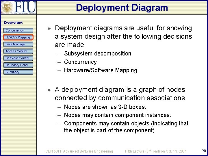 Deployment Diagram Overview: Concurrency HW/SW Mapping Data Manage. Access Control Deployment diagrams are useful