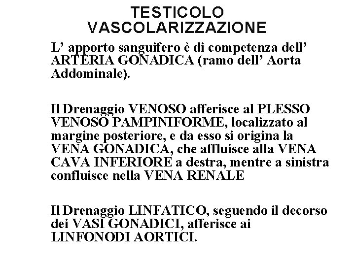 TESTICOLO VASCOLARIZZAZIONE L’ apporto sanguifero è di competenza dell’ ARTERIA GONADICA (ramo dell’ Aorta