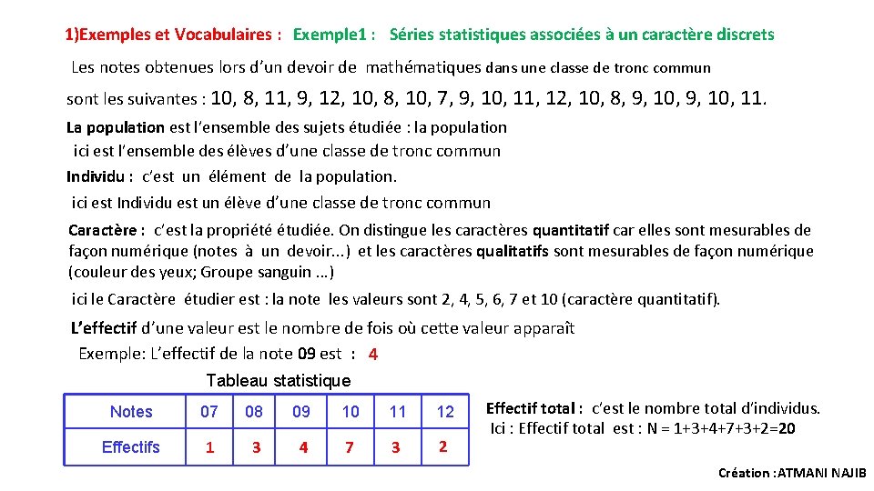 1)Exemples et Vocabulaires : Exemple 1 : Séries statistiques associées à un caractère discrets