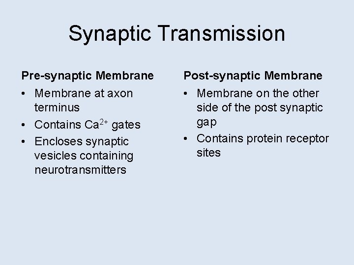 Synaptic Transmission Pre-synaptic Membrane Post-synaptic Membrane • Membrane at axon terminus • Contains Ca