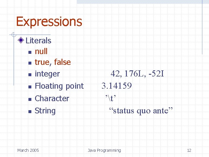 Expressions Literals n null n true, false n integer n Floating point n Character