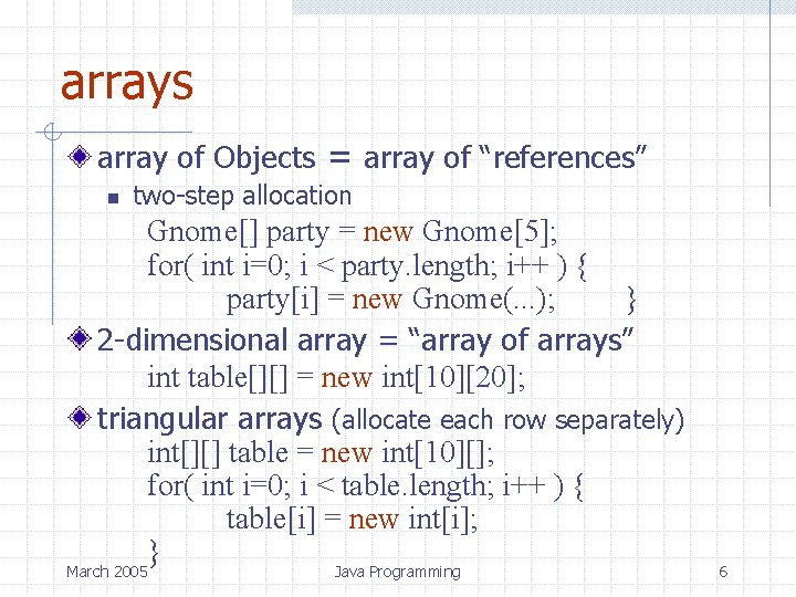 arrays array of Objects = array of “references” n two-step allocation Gnome[] party =