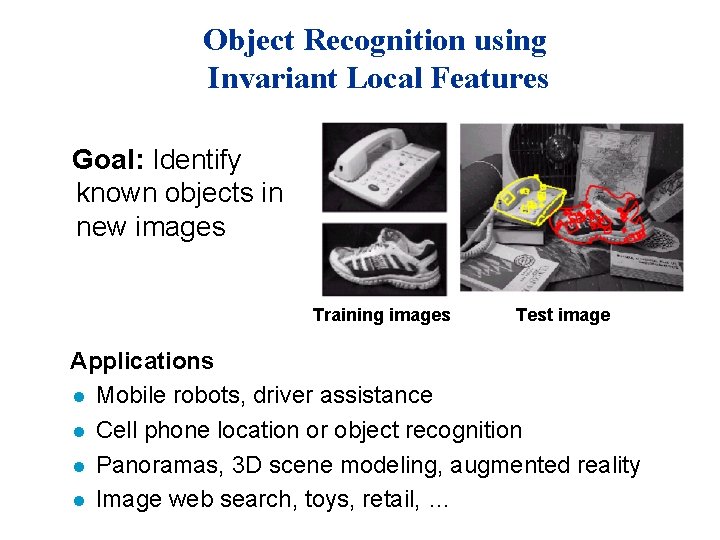 Object Recognition using Invariant Local Features Goal: Identify known objects in new images Training