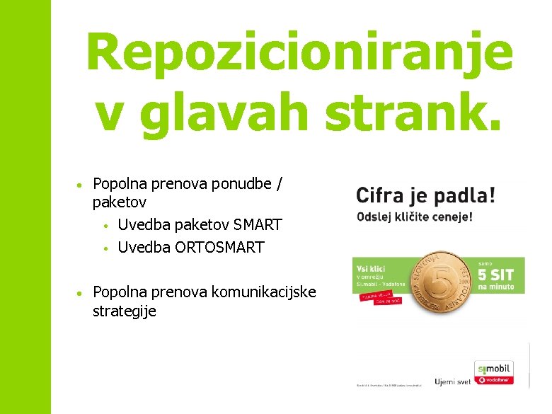 Repozicioniranje v glavah strank. • Popolna prenova ponudbe / paketov • Uvedba paketov SMART