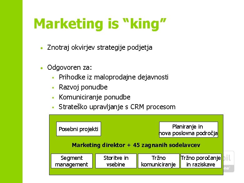 Marketing is “king” • Znotraj okvirjev strategije podjetja • Odgovoren za: • Prihodke iz