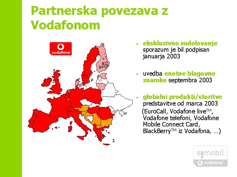 Partnerska povezava z Vodafonom • ekskluzivno sodelovanje sporazum je bil podpisan januarja 2003 •