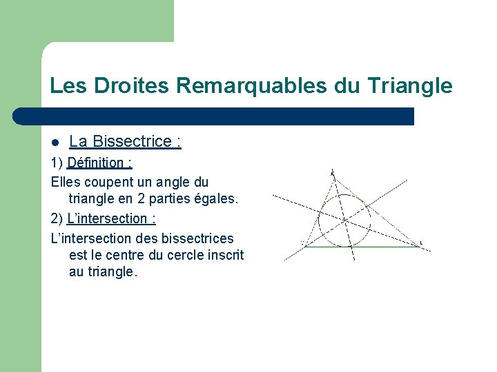 Les Droites Remarquables du Triangle l La Bissectrice : 1) Définition : Elles coupent Les Droites Remarquables du Triangle l La Bissectrice : 1) Définition : Elles coupent