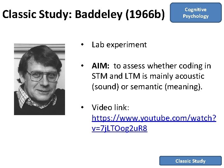 Classic Study: Baddeley (1966 b) Cognitive Psychology • Lab experiment • AIM: to assess