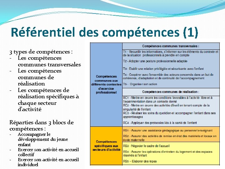 Référentiel des compétences (1) 3 types de compétences : - Les compétences communes transversales