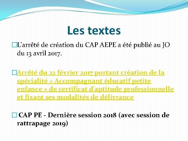 Les textes �L'arrêté de création du CAP AEPE a été publié au JO du