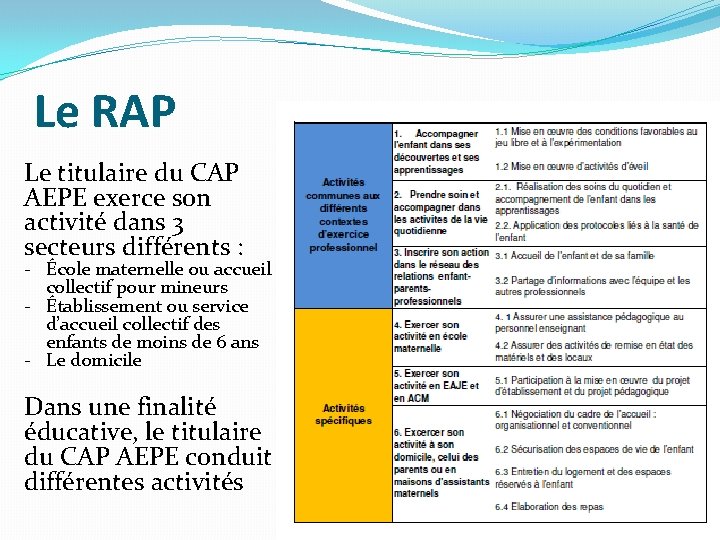 Le RAP Le titulaire du CAP AEPE exerce son activité dans 3 secteurs différents