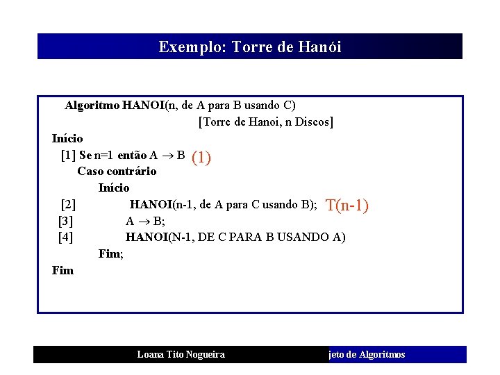 Exemplo: Torre de Hanói Algoritmo HANOI(n, de A para B usando C) [Torre de