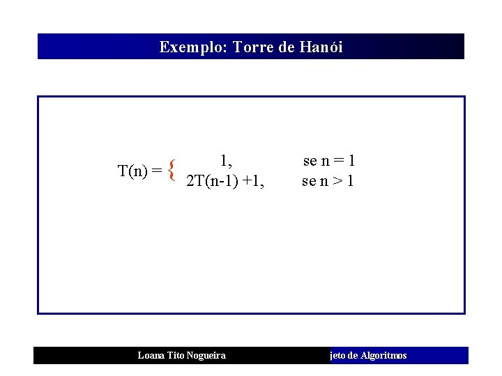 Exemplo: Torre de Hanói T(n) = { 1, 2 T(n-1) +1, Loana Tito Nogueira