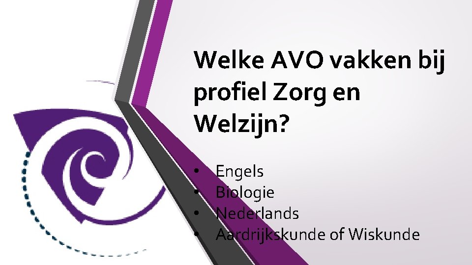Welke AVO vakken bij profiel Zorg en Welzijn? • • Engels Biologie Nederlands Aardrijkskunde