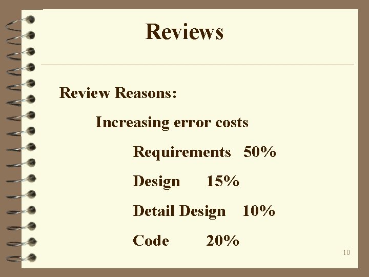 Reviews Review Reasons: Increasing error costs Requirements 50% Design 15% Detail Design 10% Code