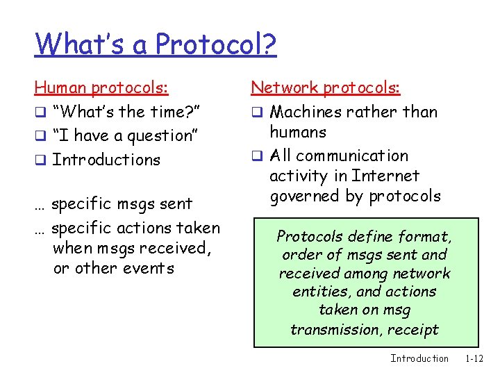 What’s a Protocol? Human protocols: q “What’s the time? ” q “I have a