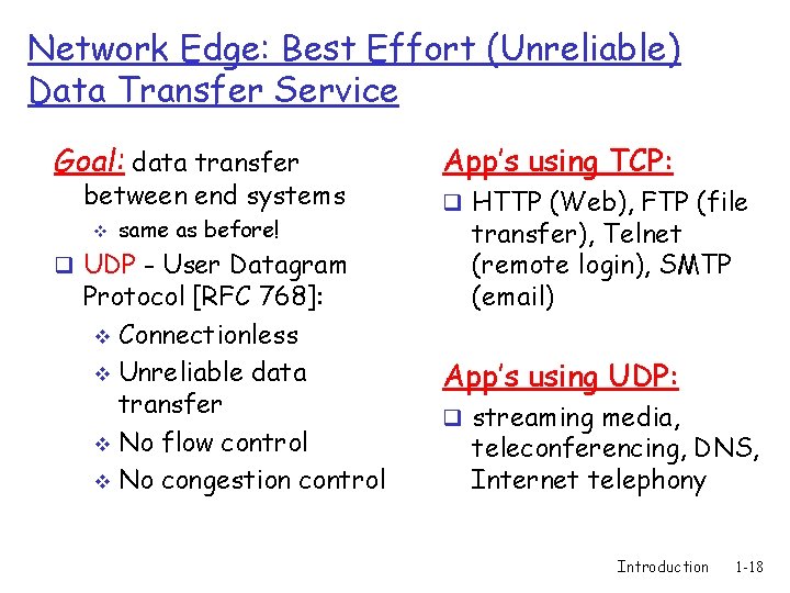 Network Edge: Best Effort (Unreliable) Data Transfer Service Goal: data transfer between end systems