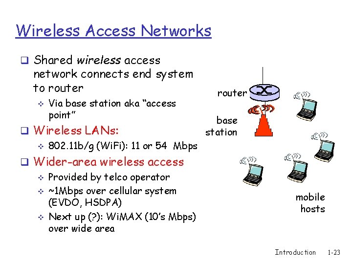 Wireless Access Networks q Shared wireless access network connects end system to router v