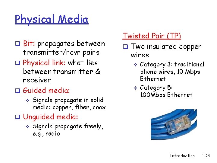 Physical Media q Bit: propagates between transmitter/rcvr pairs q Physical link: what lies between