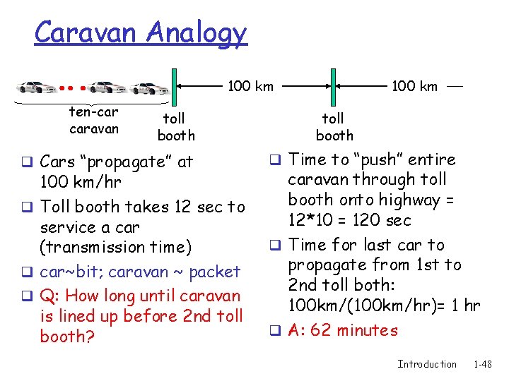 Caravan Analogy 100 km ten-car caravan toll booth q Cars “propagate” at 100 km/hr