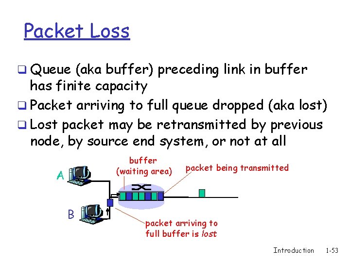 Packet Loss q Queue (aka buffer) preceding link in buffer has finite capacity q