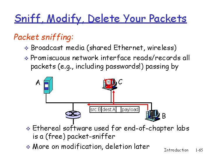 Sniff, Modify, Delete Your Packets Packet sniffing: Broadcast media (shared Ethernet, wireless) v Promiscuous