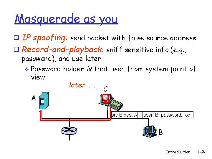 Masquerade as you q IP spoofing: send packet with false source address q Record-and-playback: