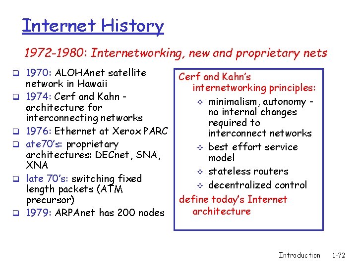 Internet History 1972 -1980: Internetworking, new and proprietary nets q 1970: ALOHAnet satellite q