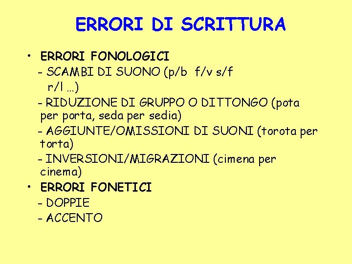 ERRORI DI SCRITTURA • ERRORI FONOLOGICI - SCAMBI DI SUONO (p/b f/v s/f r/l