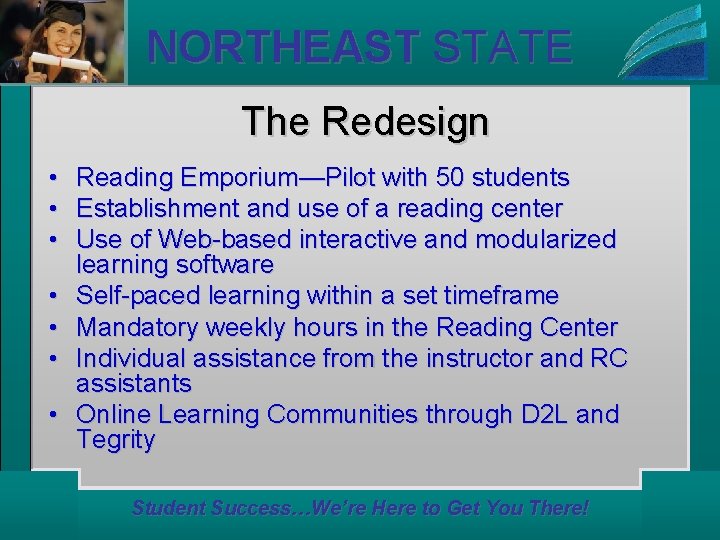 NORTHEAST STATE The Redesign • Reading Emporium—Pilot with 50 students • Establishment and use