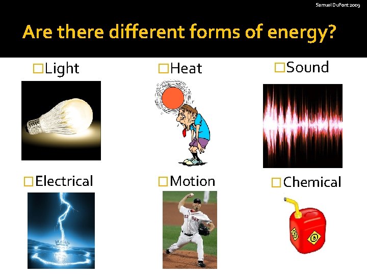 Samuel Du. Pont 2009 Are there different forms of energy? �Light �Electrical �Heat �Sound