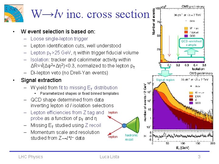 W→lν inc. cross section • W event selection is based on: – – Loose