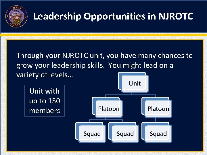 Leadership Opportunities in NJROTC Through your NJROTC unit, you have many chances to grow