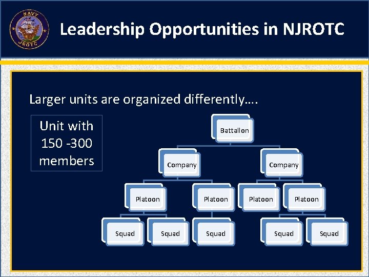 Leadership Opportunities in NJROTC Larger units are organized differently…. Unit with 150 -300 members