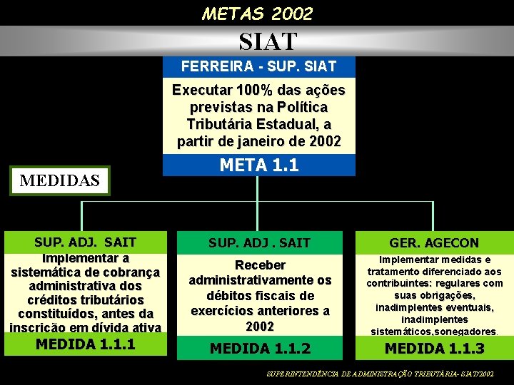 METAS 2002 SIAT FERREIRA - SUP. SIAT Executar 100% das ações previstas na Política