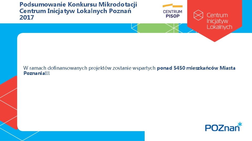 Podsumowanie Konkursu Mikrodotacji Centrum Inicjatyw Lokalnych Poznań 2017 W ramach dofinansowanych projektów zostanie wspartych