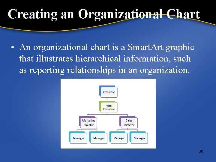 Creating an Organizational Chart • An organizational chart is a Smart. Art graphic that