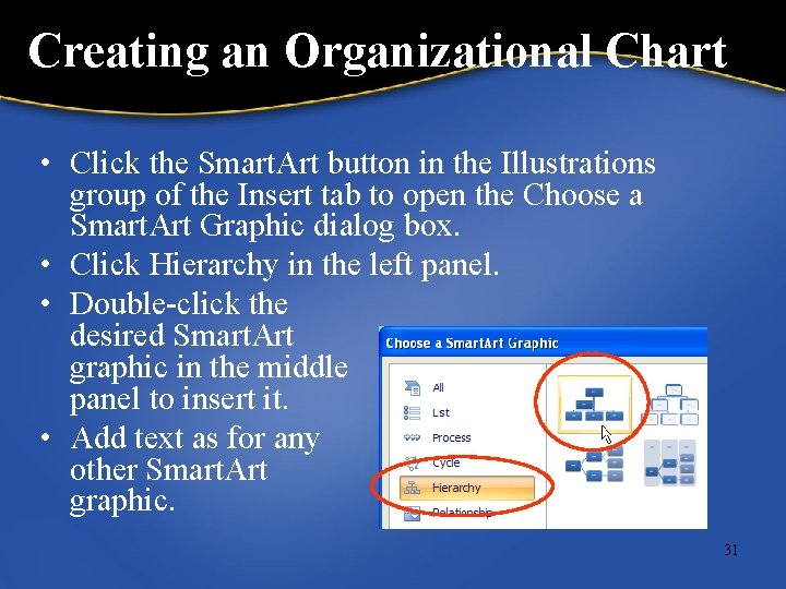 Creating an Organizational Chart • Click the Smart. Art button in the Illustrations group