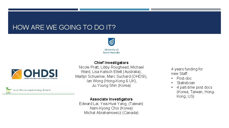 HOW ARE WE GOING TO DO IT? Chief Investigators Nicole Pratt, Libby Roughead, Michael HOW ARE WE GOING TO DO IT? Chief Investigators Nicole Pratt, Libby Roughead, Michael
