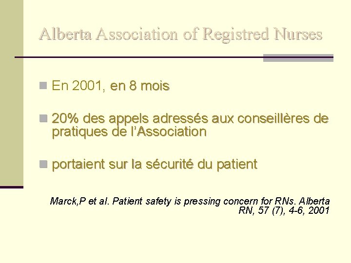 Alberta Association of Registred Nurses n En 2001, en 8 mois n 20% des