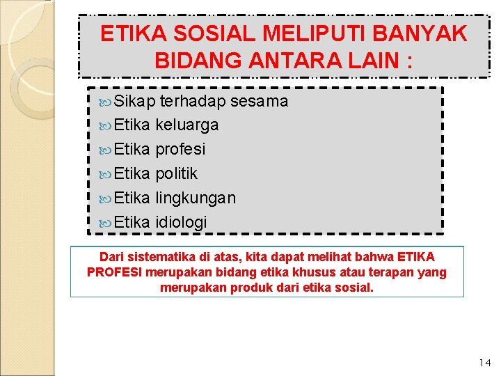 ETIKA SOSIAL MELIPUTI BANYAK BIDANG ANTARA LAIN : Sikap terhadap sesama Etika keluarga Etika