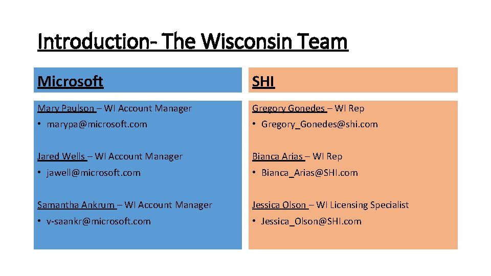 Introduction- The Wisconsin Team Microsoft SHI Mary Paulson – WI Account Manager Gregory Gonedes