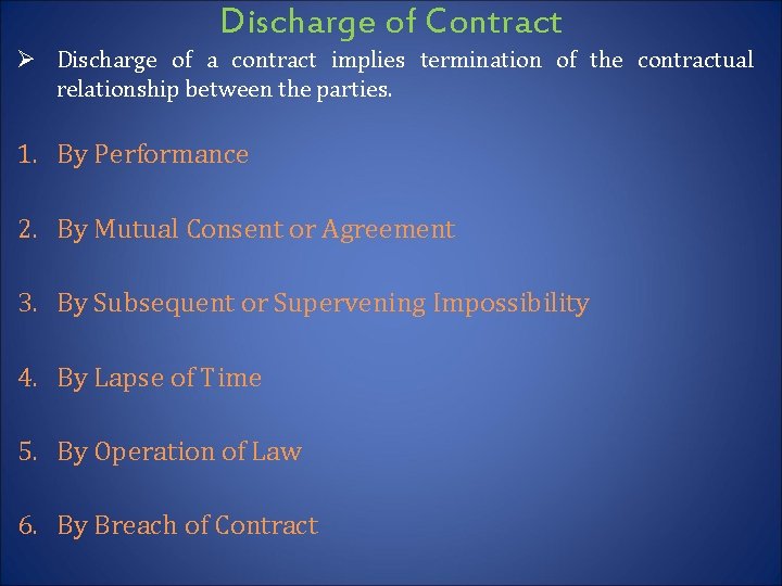 Discharge of Contract Ø Discharge of a contract implies termination of the contractual relationship