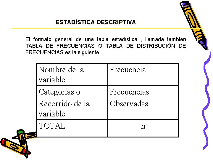 ESTADÍSTICA DESCRIPTIVA El formato general de una tabla estadística , llamada también TABLA DE