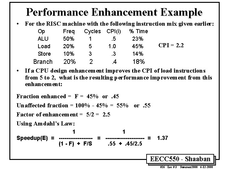 Performance Enhancement Example • For the RISC machine with the following instruction mix given