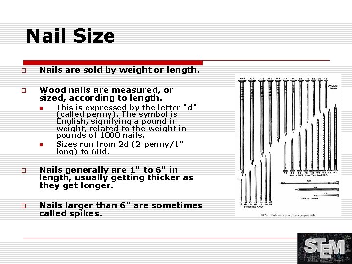 Nail Size o Nails are sold by weight or length. o Wood nails are