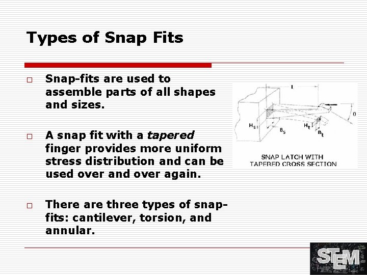 Types of Snap Fits o o o Snap-fits are used to assemble parts of