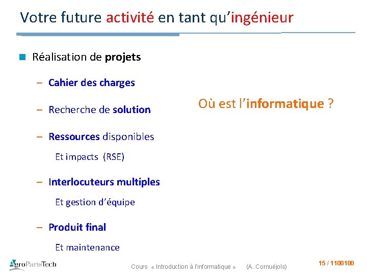 Votre future activité en tant qu’ingénieur n Réalisation de projets – Cahier des charges