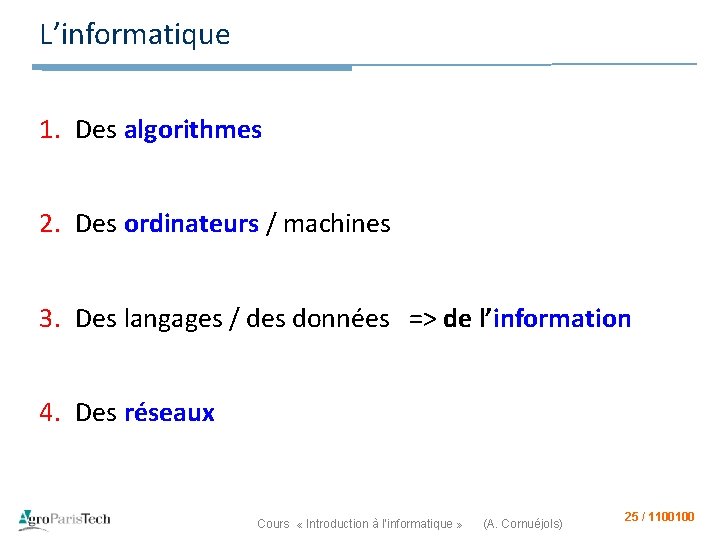 L’informatique 1. Des algorithmes 2. Des ordinateurs / machines 3. Des langages / des